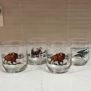 4 Vintage American Wildlife Glasses Sunoco Bison Humpback Whale Moose Libbey